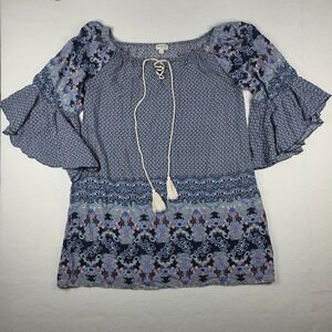 Umgee Boho Printed Tunic Dress Size M Blue Paisley Tassel Bell Sleeve C3255